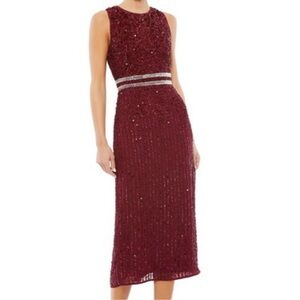 Mac Duggal Burgundy Red Sequin Sleeveless Sheath Midi Cocktail Dress Size 8